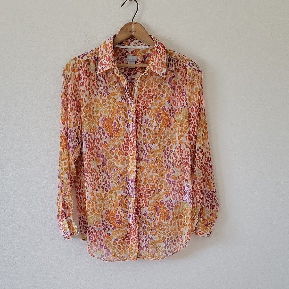 Chico's Sheer Pink Orange Animal Print Long Sleeve Button Down Size Medium